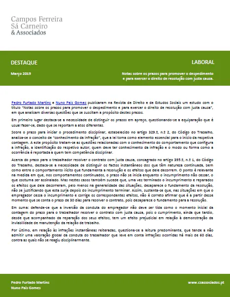 Notes on the deadlines for the employer to carry out a dismissal with just cause and for the employee to exercise the right to terminate the contract on specific grounds