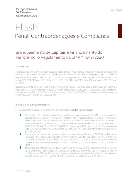 Branqueamento de Capitais e Financiamento do Terrorismo: o Regulamento da CMVM n.º 2/2020