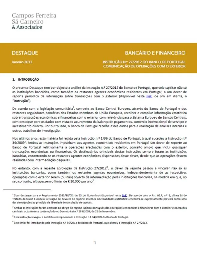 Instrução n.º 27/2012 do Banco de Portugal - Comunicação de Operações com o Exterior
