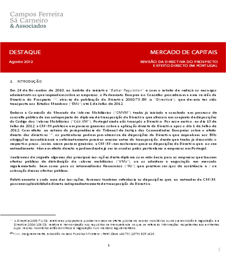  Revisão da Directiva do Prospecto e Efeito Directo em Portugal 