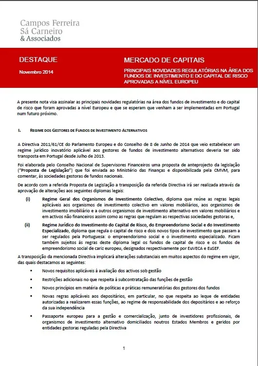 Novidades Regulatórias na Área dos Fundos de Investimento e do Capital de Risco