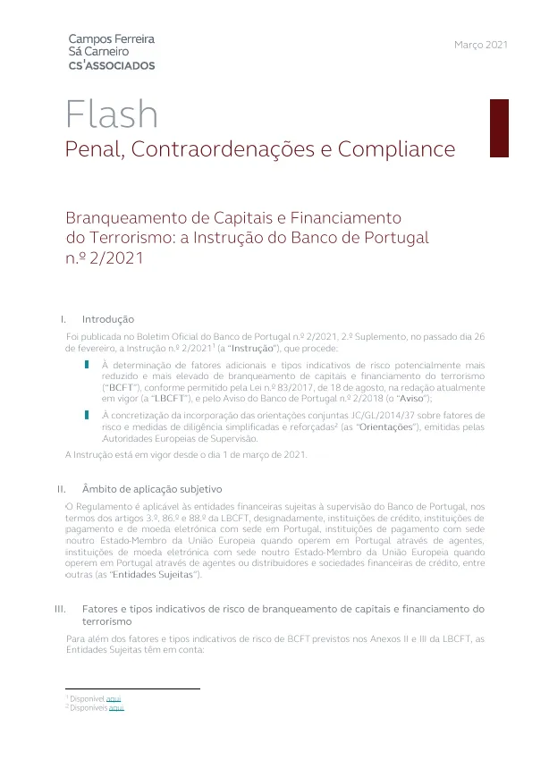 Branqueamento de Capitais e Financiamento do Terrorismo: a Instrução do Banco de Portugal n.º 2/2021
