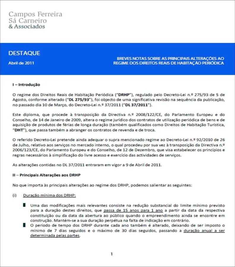 Breves notas sobre as principais alterações ao Regime dos Direitos Reais de Habitação Periódica