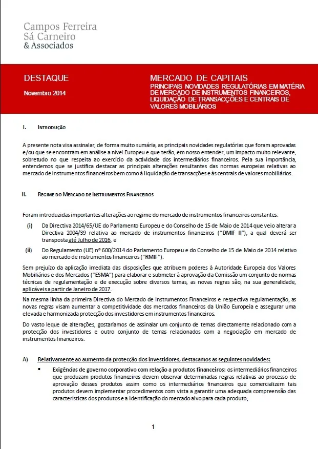 Novidades Regulatórias em Matéria de Mercado Dos Instrumentos Financeiros, Liquidação de Transações e Centrais de Valores Mobiliários