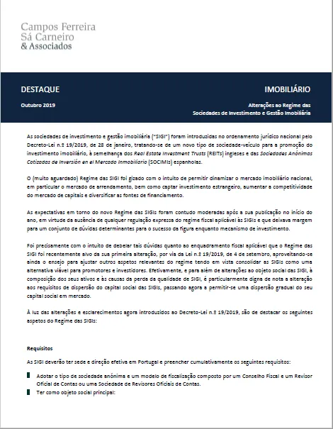 Alterações ao Regime das Sociedades de Investimento e Gestão Imobiliária