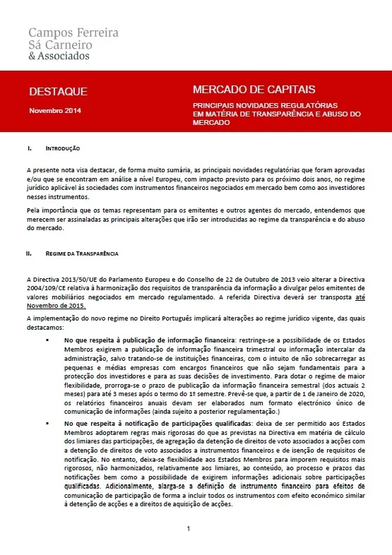 Novidades Regulatórias em Matéria de Transparência e do Abuso do Mercado